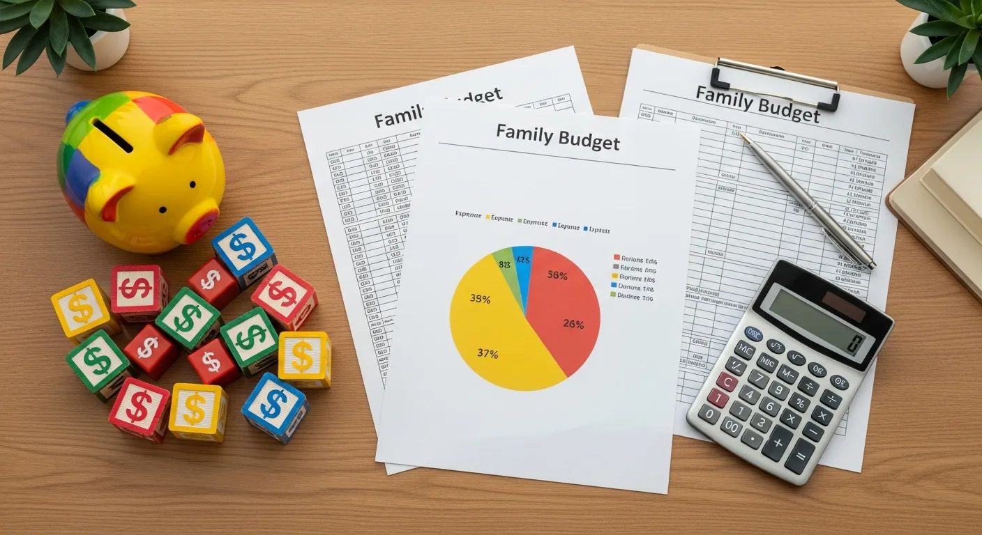 Family financial planning with children's items, piggy bank, and budget documents on a table