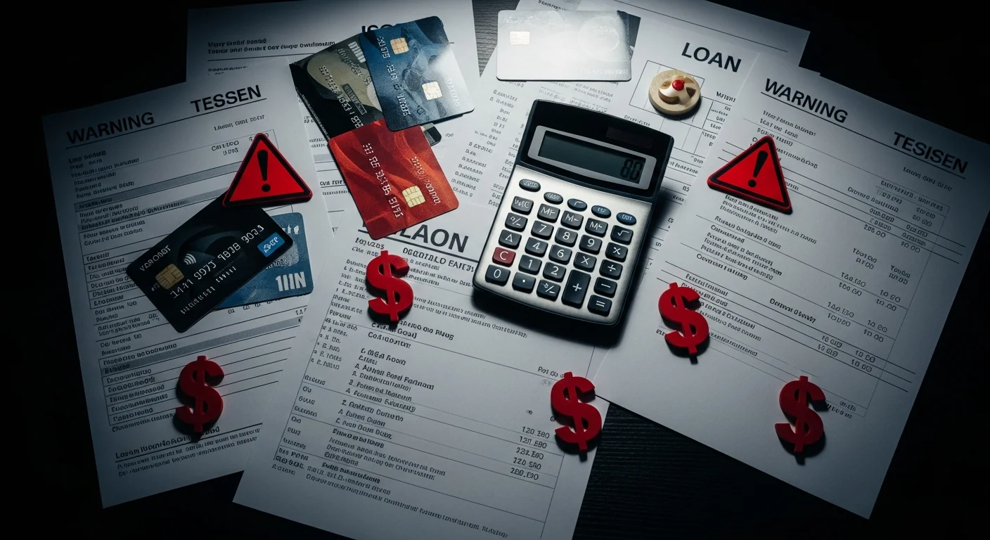Financial documents and credit cards spread across a desk representing household debt analysis