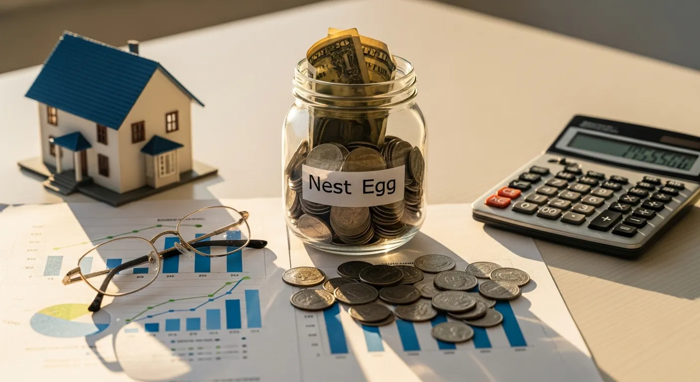 Retirement planning documents with graphs showing savings projections and a calculator