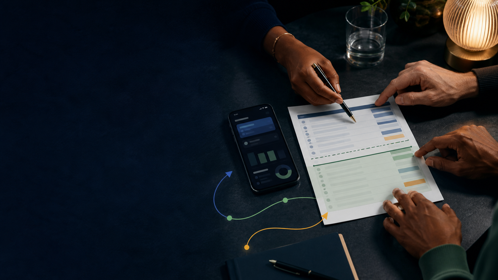 Phone banking interface beside a checking-account ledger and a visible low-balance buffer