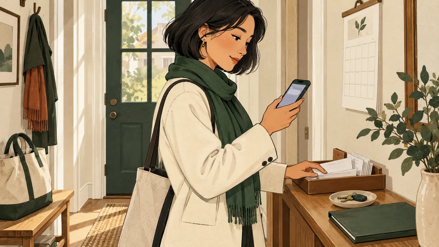 An adult checks a phone beside a tray of envelopes and a wall calendar before leaving home.