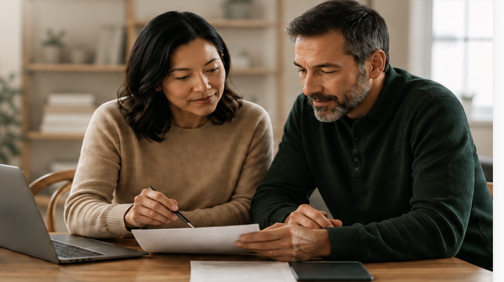 Two adults reviewing household finances at a table with a laptop and printed statement.